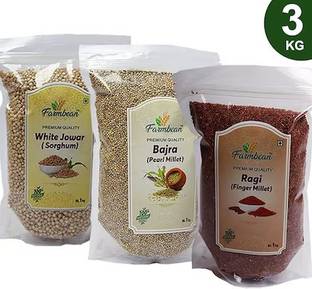 Farmbean Millets Combo 3 KG|Natural Grains Millets |White Jowar 1Kg, Bajra 1Kg, Ragi 1kg Mixed Millet