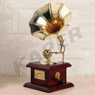 KAPER Brass Gramophone Showpiece Home Decorative Antique Vintage Style Mini Gramophone Brass, Wooden Gramophone