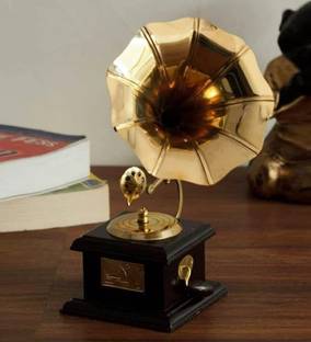KAPER Brass Gramophone Showpiece For Decoration Antique Vintage Style Small Gramophone Brass, Wooden Gramophone