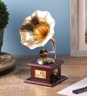 ARTIFACTS Gramophone Showpiece Vintage Retro Antique Collectible Brass, Wooden Gramophone