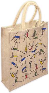STORITE Eco-Friendly Jute Bag, Yoga Printed Tiffin/Shopping Bag with Zip & Handle- Grocery Bag