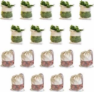 FAB ELLITE Cotton Vegetable Sabji Bag Kitchen Veg Freez Storage Pouch for Fridge Washable Pack of 18 Grocery Bags