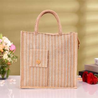 HOMESTIC Jute Lining Front Pocket Grocery Bag with Handle|Medium|Brown Grocery Bag