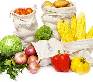 LivingBasics Reusable Fridge Storage Bag Pouches for Vegetables, Dry Fruits, Cereals - Pack of 12 Grocery Bags