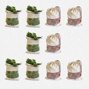 FAB ELLITE Cotton Vegetable container Bag Kitchen reusable Storage Pouch for FridgeWashable Pack of 10 Grocery Bags