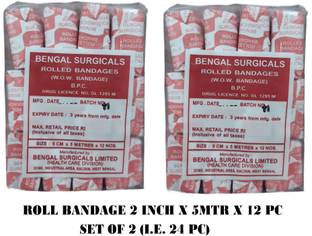 BENGAL SURGICALS Absorbent Cotton Medical Gauze Roll Bandage 2inch (5cm x 5mtr) (24 Rolls) Sterile Gauge Roll