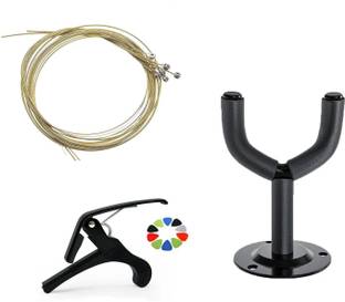 TechBlaze Acoustic Guitar Strings, Guitar Wall Mount, Guitar Metal Capo with 5 picks Best Guitar Accessory Combo Pack Wall Stand