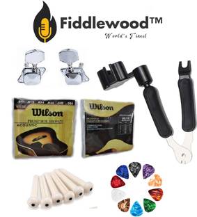 FIDDLEWOOD™ Acoustic STRING SET , 1 LEFT & 1 RIGHT SEMI CLOSED TUNING KEY , STRING WINDER CUTTER & PIN PULLER , 6 BRIDGE PINS & 10 CELLULOID PICKS FOR ACOUSTIC GUITARS Guitar String