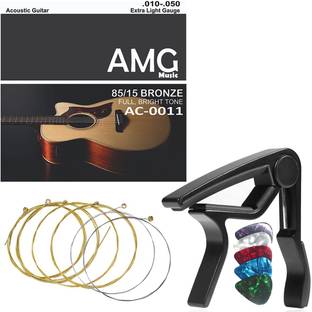 AMG Music Acoustic Guitar String with Metal Alloy Guitar Capo Full Set of 6 Acoustic Guitar Strings Guitar String