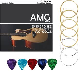 AMG Music Acoustic Guitar String Set Light Stainless Steel String Set 6 With Picks Bright Tone Guitar String