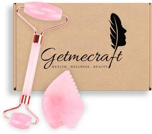 Getmecraft Rose Quartz Face Roller and Rose Quartz Leaf Shape Gua sha Facial Massage Tool