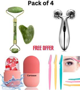CartEase Corner 4 Pcs combo Ice Roller, Natural Jade Roller For face, 3D Massager, Face Razor