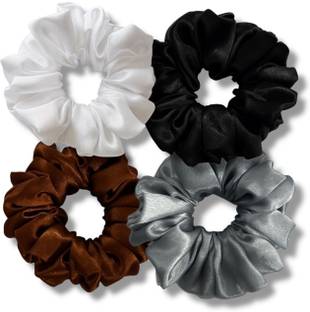 VRAJDRA Elegant Satin Scrunchies – Pack of 4 (White, Black, Brown, Silver) Rubber Band