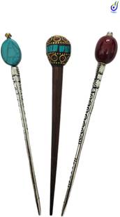 Triply9 Oxodise Metal Bun Stick with Pearl & Handcrafted Woodan Bun Stick