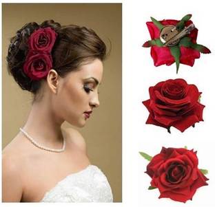 NERR Red Velvet Vintage Rose Flower Brooch Pin For Wedding Party Hair Clip (Red) Hair Accessory Set
