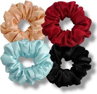 VRAJDRA Vibrant Satin Scrunchie Set – Pack of 4 (peach, Red, Sky Blue & Black) Rubber Band