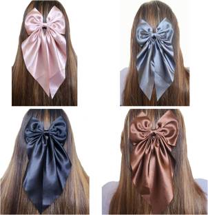 Dreamish Imitation Big Satin Layer French Style Bowknot Snap Long Ribbon Hairclip For Women & Girls Bun Clip