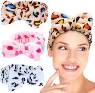 MANODHRUVA 3pcs Professional Facial Headband for Girls, Bowtie Polka Dot Design, Multicolor Head Band