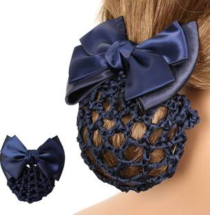Zibuyu Bow Hair Bun Net Large Bownot Barrettes with Hair Snood Net for Hair Clip(blue) Hair Clip
