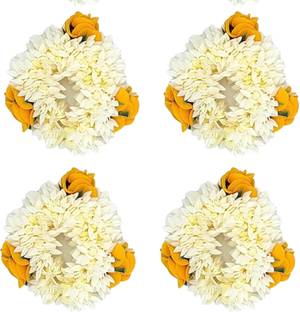 FASHNITY Scented Mogra Gajra Hair Rubber Bun For Shadi Haldi Ceremony Yellow-White 4Pcs Bun