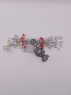 Satrangi PEARLS Vintage Silver Hair Comb with Red Crystal Beads, Jhumka Design Hair Pin