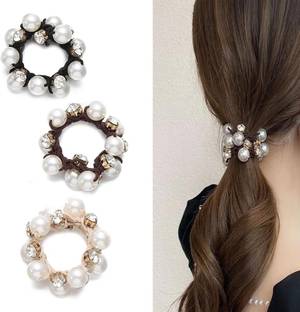FRESCORR Pack of 3 Pearl & Crystal RhineStone scrunchies,Hair Ties, Ponytail Holder Rubber Band