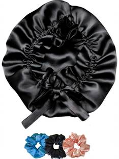 URBAN OX Satin Hair Bonnet for Sleeping adjustable Tie band – 3 Scrunchies Set | Reusable Hair Accessory Set