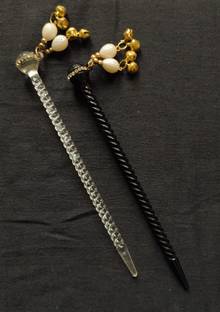 DARSH TRADING Plastic Bun Stick with white pearl and golden jumaki (16.5CM) (White+Black) Bun Stick