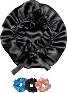 URBAN OX Satin Hair Bonnet for Sleeping adjustable Tie band – 3 Scrunchies Set | Reusable Hair Accessory Set