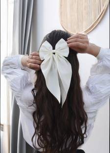 ChicTresses Off White Color Satin Hair Bow Clips for Women, Cute Hair Bow Clips Hair Clip