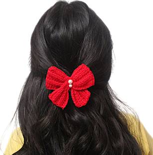 Laveni Creations Handmade Red Woolen Crochet Hair Bow with Alligator Clip Hair Clip