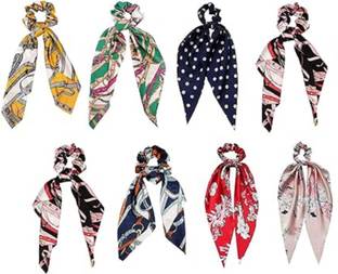 FRESHION STORE Chiffon Long Tail Elastics Ribbon Ear Bow Pattern Scarf Vintage Ponytail Rubber Band
