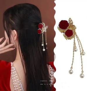 Blubby Red Rose Stylish Pearl Metal Hair Clutcher Clips for Women Hair Claw