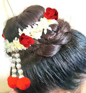 FASHNITY White Mogra Red Rose Gajra with Latkan Bun