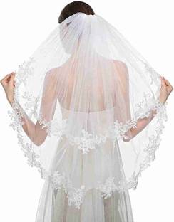 Unique bridal Short veil 2 Layers 1.5 Meter Cathedral Lace Bridal Veil with Hair Side Comb (Ivory) Head Band