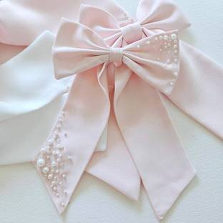 RimR Large Pearl Beaded Pink Satin Bow Hair Clip