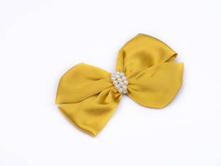 RibbonCandy Pearl Detailed Cute Satin Bow on Alligator clip - Gold Bun Clip
