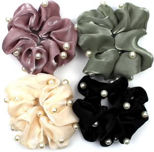 ASG 4Pcs White Pearl Balls Dangle Soft Gloss Silk Satin Elastic Hair Ties Scrunchies Rubber Band
