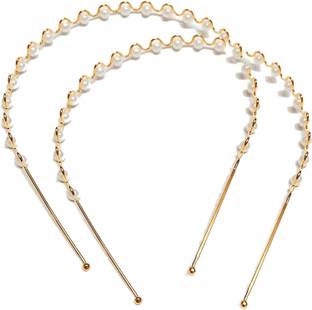 SENECIO 2Pc Golden White Pearl Moti Beaded Woven Metal Headband Set Premium Edges Head Band