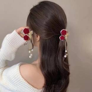 locklux Korean Solid Rose Style Clutcher With Pearl&Latkan Zaya Metal Butterfly Claw 1pc Hair Claw