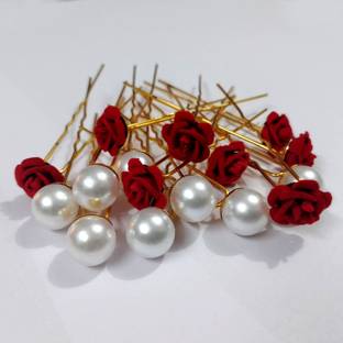 Productmine Bridal Hair Bun Juda Pins Artificial Red Rose and White Pearls - 8 PCs Each Hair Pin