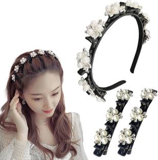 MAJESTIQUE Bangs Hairstyle Hairpin Headband With Pearl Flower Alligator Clips - Pack of 3 Hair Band
