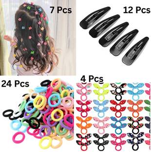 BELLO TOKO 7 Mini Hair Clips, 12 Black Tic Tac Pins, 4 Bunny Rubber Bands & 24 Rubber Bands Hair Accessory Set