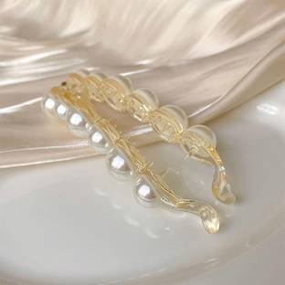 Trendy Club White Pearl Banana Hair Pins Pearl Bridal for Women Banana Clip