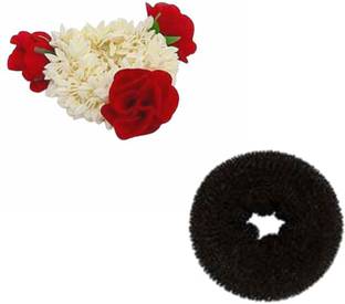 Clezaro 1Pcs Artificial Rose Gajra Rubber Band With 1Pcs hair donut bun Maker Rubber Band