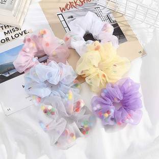 Honbon 6 Pcs Colorful Pom Pom Filled Chiffon Net Scrunchie Hair Rubber Band for Girls Rubber Band