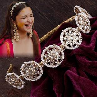 Diversa Kundan Studded Golden White Matha Sheesh Patti Head Chain Traditional Jewellery Hair Chain