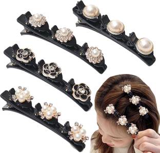 Anna Stella 4 PCS Korean Style Sparkling Crystal Pearl Braided Hair Clips For Girls Women Hair Clip