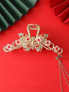 Dressberry Gold Tone Red Stones & Pearl Butterfly Shape Tassel Hair Claw Hair Clip Hair Claw
