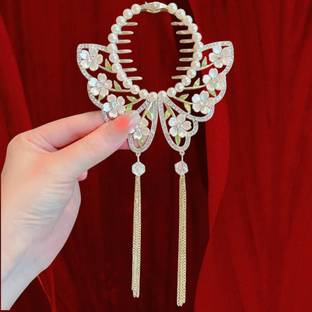 OLLIVOO Flower Pearl Hair Juda Clips, Classic Tassel Glitter Claw Bun Clip